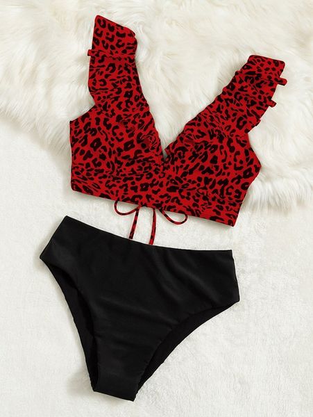 

leopard ruffle trim bikini swimsuit 75ce#, White;black