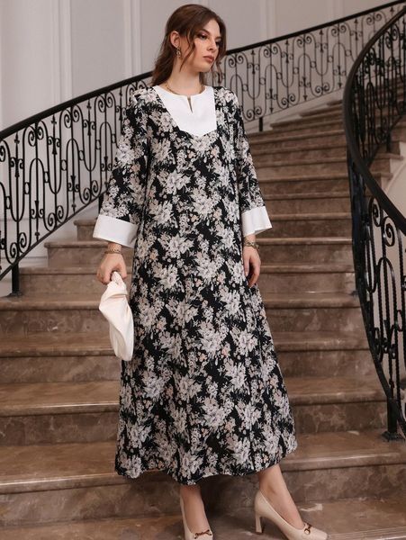 

floral print tunic dress without belt f18l#, Black;gray