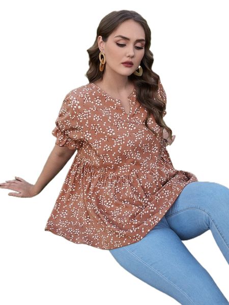 

plus notched ditsy floral print peplum s2gv#, Black