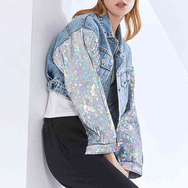

goth european and american fashion denim jacket women women's spring loose sequined long-sleeved short denim jacket l220714, Black;brown