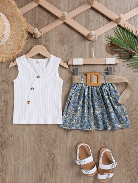 

toddler girls tank & allover floral print pleated belted skirt she, White