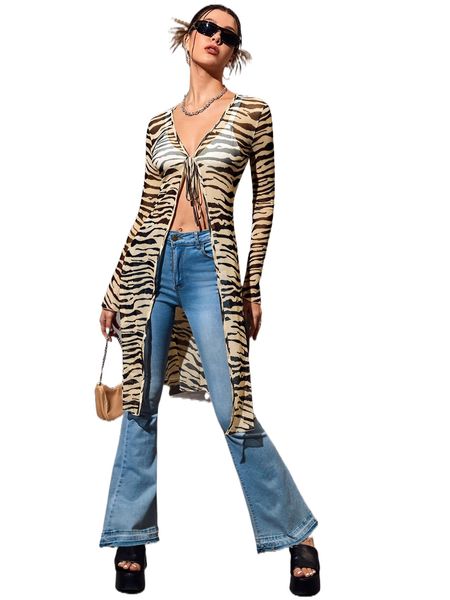 

zebra striped knot front mesh blouse without bra f4ka#, White