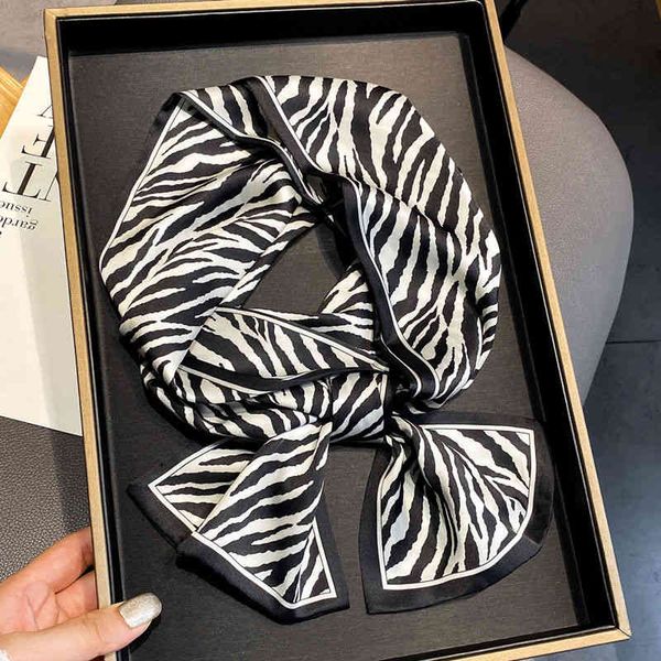 

designer silk head bag hair scarf new long small silk womens spring and autumn thin fashion zebra scarf ribbon decorative tie trend, Blue;gray