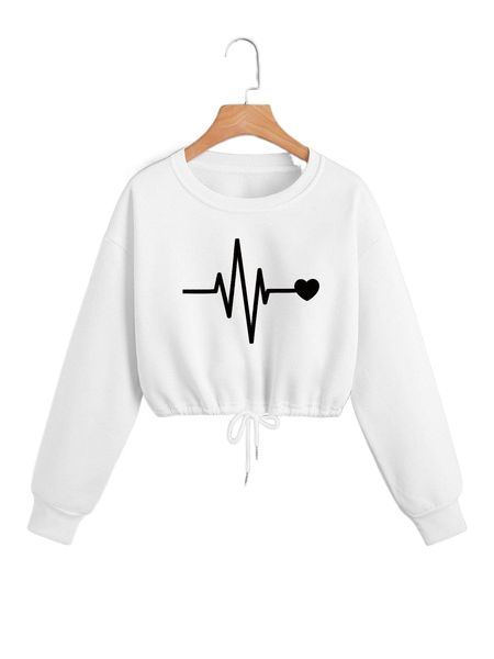 

heart print drop shoulder drawstring hem crop pullover s4fs#, Black