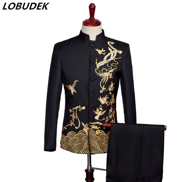 

chinese tunic suit vintage embroidery blazer pants 2pieces mens suit chorus performance stage costume singer host formal dress 201104, White;black