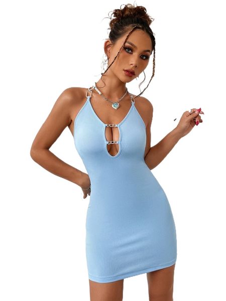 

chain detail cut out tie back halter bodycon dress b4mv#, Black;gray