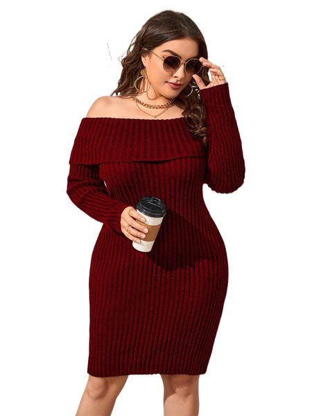 

plus off-shoulder fold over sweater dress v3r1#, Black