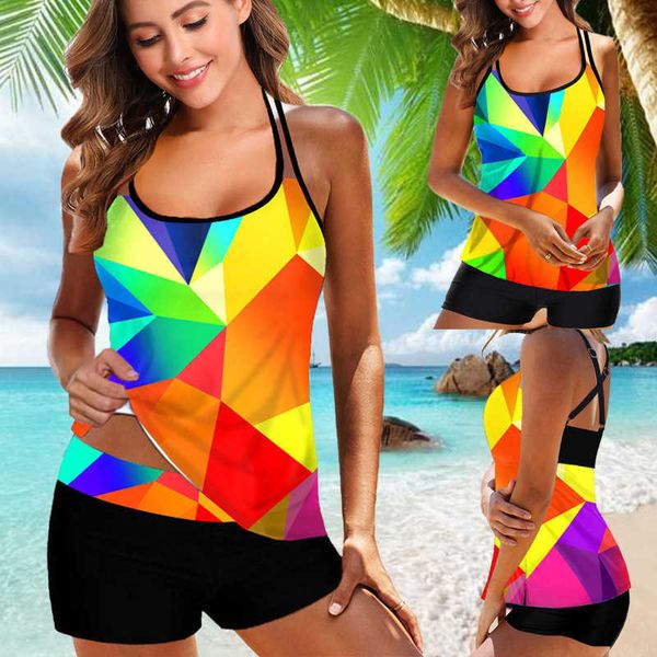 

2022 new swimsuit large color block printed women's split high waist bikini