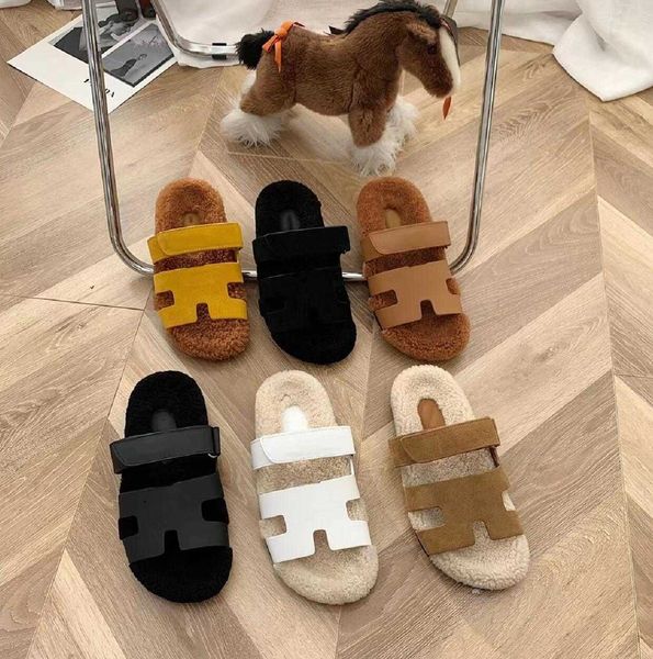 

new style designer ladies slippers lamb wool fashion sandals solid color cattlehide flip-flops winter luxury women's fashion, Black