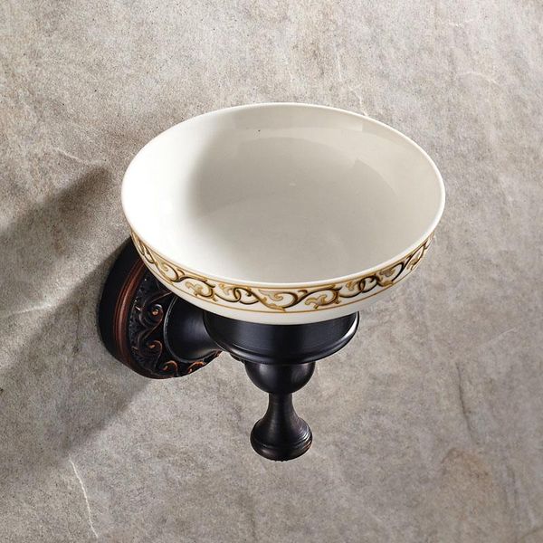 Portasapone Piatto nero antico Ottone soild con tazza in ceramica Supporto in bronzo a olio intagliato Prodotto da bagno a parete