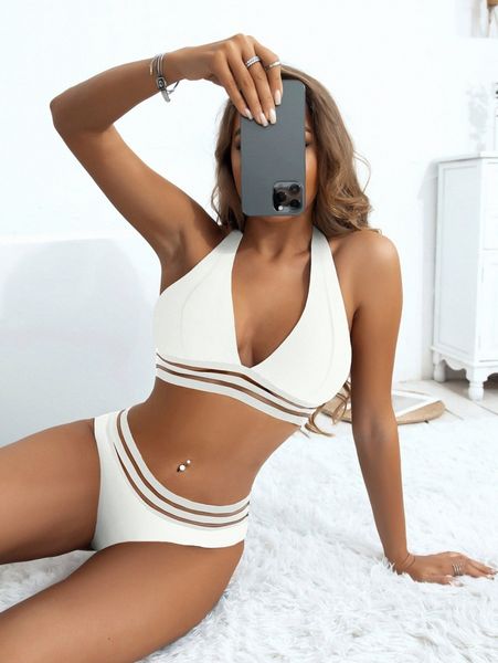 

contrast mesh halter bikini swimsuit 85iq#, White;black
