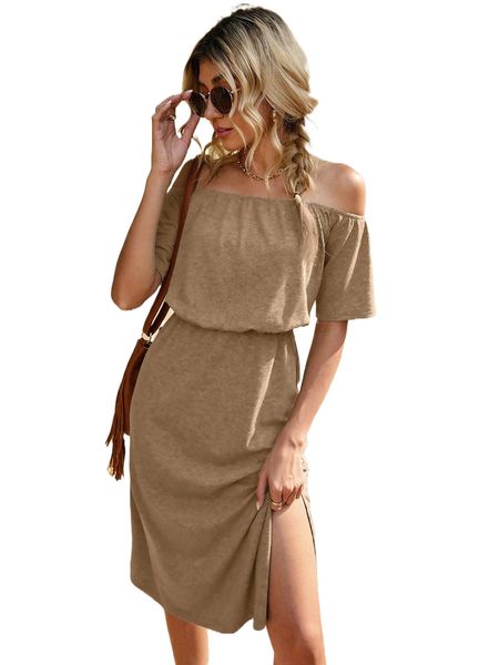 

solid off shoulder split thigh dress t32d#, Black;gray