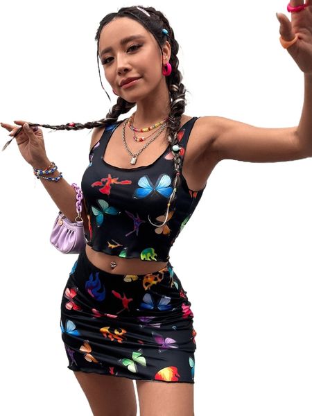 

butterfly print tank & skirt p6wu#, White