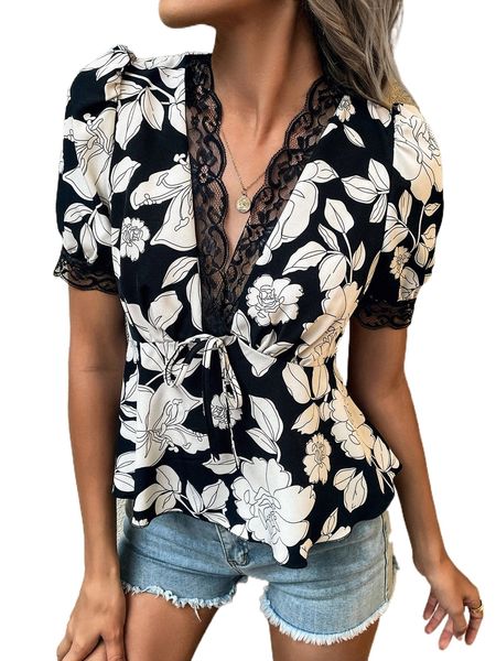 

floral print lace trim puff sleeve knot front peplum blouse 39pk#, White