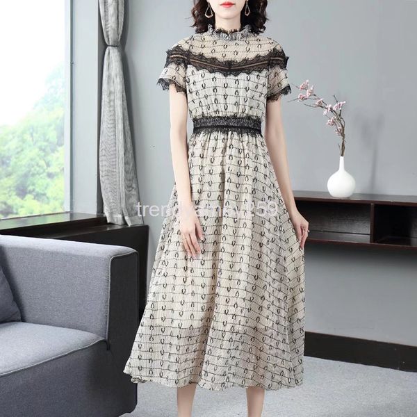 

casual dresses spring and summer women's st collar short sleeve lace stitching stripe printing medium long vacation dress, Black;gray