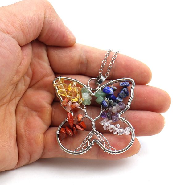 Natürliche Energie Kies Kristall Halskette handgemachte Draht Wrap bunte gesunde Reiki Kristall Schmetterling Halsband für paar Zubehör