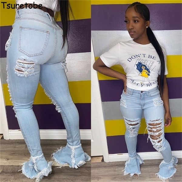 

tsuretobe ripped jeans for women high waist jeans vintage flare jeans with holes patchwork bell bottom jean denim pants trousers t200608, Blue