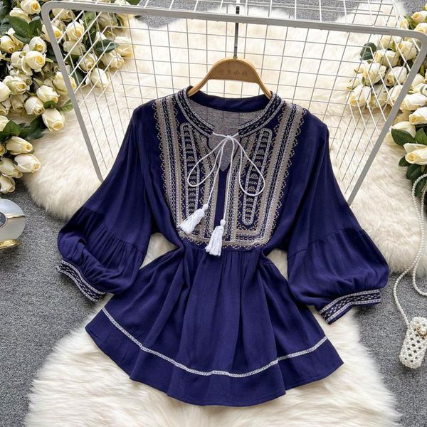 Bloups feminina camisas de verão Bordado de borla Tassel Up Cotton Doll camisa Top vintage Lady Blusas Mujer de Moda 2022women's