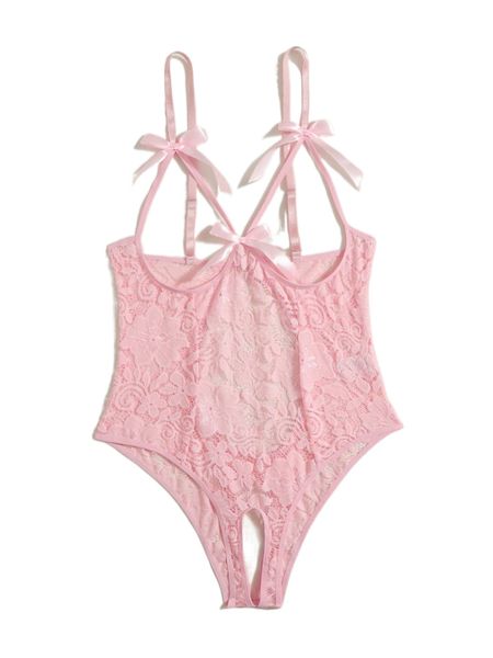 

plus bow front cut out lace crotchless teddy bodysuit d6wb#, Black;white