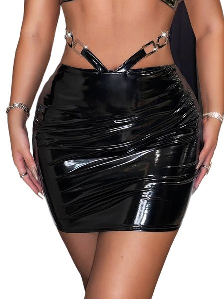 

chain detail pu leather bodycon skirt j9zs#, Black
