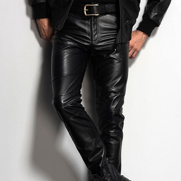 

men's pants genuine leather cow mens straight motorcycle biker male fashion brand trousers slim big size 36men's, Black