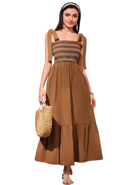 

geo print knot shoulder ruffle hem cami dress c5v5#, Black;gray