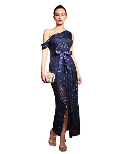 

asymmetrical neck slit thigh belted sequin prom dress v7uj#, Black;gray
