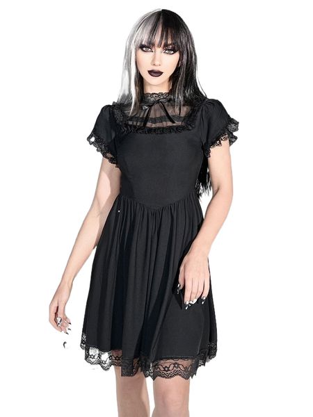 

mesh insert lace trim mock neck petal sleeve dress 44ag#, Black;gray
