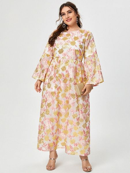 

plus allover floral jacquard pattern bell sleeve dress h5qb#, Black