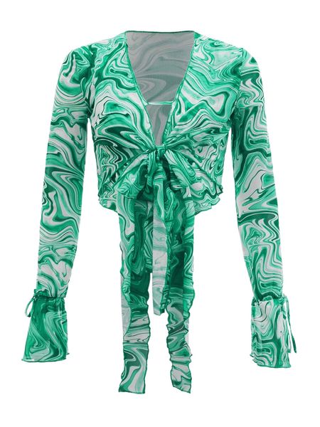 

newness marbled print flounce sleeve cut out knot front 262i#, White