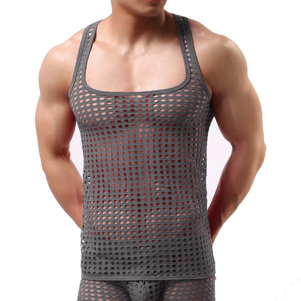 

undershirt male vest elastic nylon breathable square collar perspectivity fishnet i-shaped vest mesh singlet underwear ondergoed weste herre, Black;brown