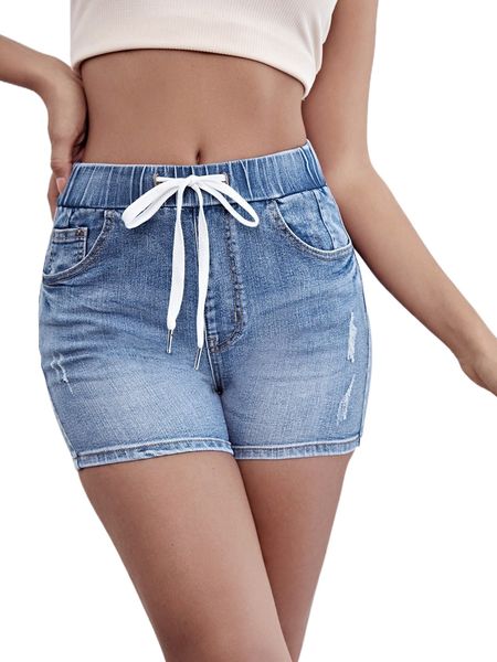 

drawstring waist ripped denim shorts 87lh#, White;black
