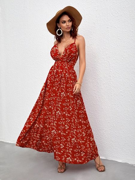

floral print crisscross backless cami dress h861#, Black;gray