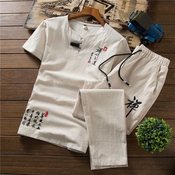 Roupas étnicas Retro estilo chinês Zen Zen Camisas Calças Uniforme Medieval Viking Moda Casual T-shirt Calças Tang Terno Homens Define