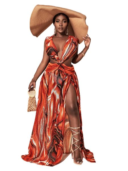 

sxy allover print twist front cut out wrap maxi dress r3ij#, Black;gray