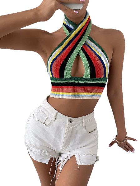 

striped halter knit 17pg#, White;black