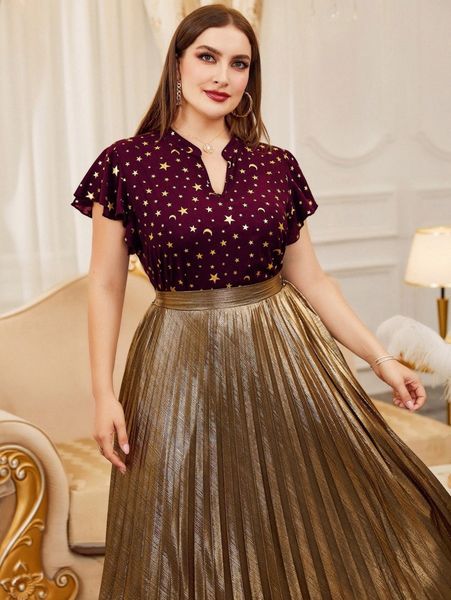 

plus gold star & moon print butterfly sleeve blouse y8yd#, Black