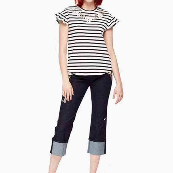 

women's tshirt kate s's spring summer stripe t stripe ruffle embroidery flower cuffs design, White