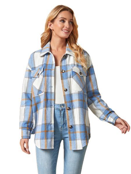 

plaid drop shoulder flap pocket button front tweed overcoat c70x#, Black