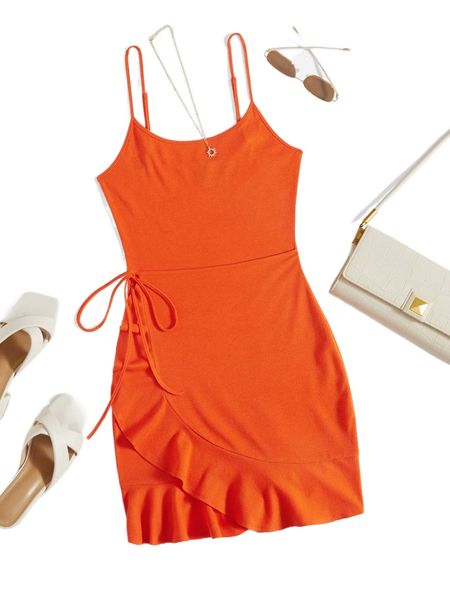 

tie side ruffle wrap hem cami dress 74kp#, Black;gray
