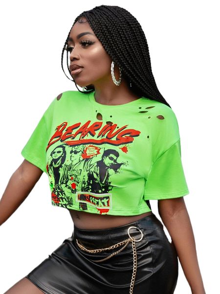 

sxy letter & figure graphic ripped drop shoulder crop tee i7w3#, White