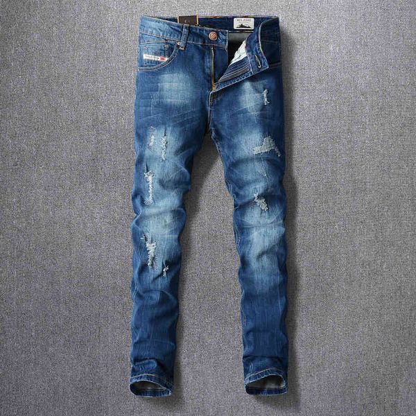 

men's jeans spring and summer ripped jeans men's patch cloth versatile slim fit feet elastic soft casual fashion pants c6fo, Blue