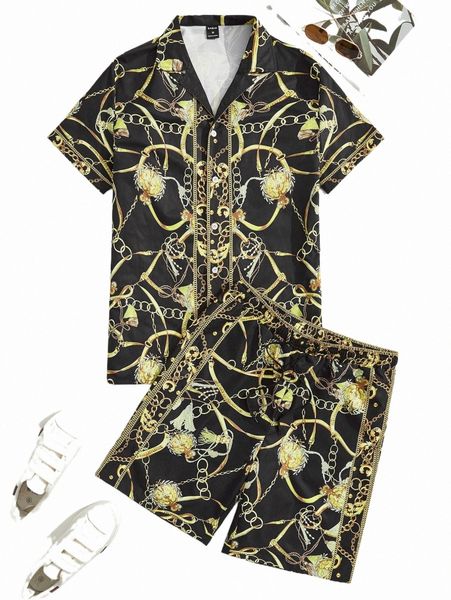 

men chain print shirt & drawstring waist shorts c1xs#, Gray