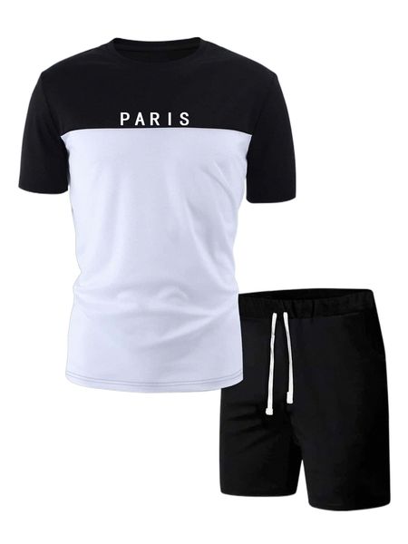 

men color block letter graphic tee & shorts e5my#, Gray