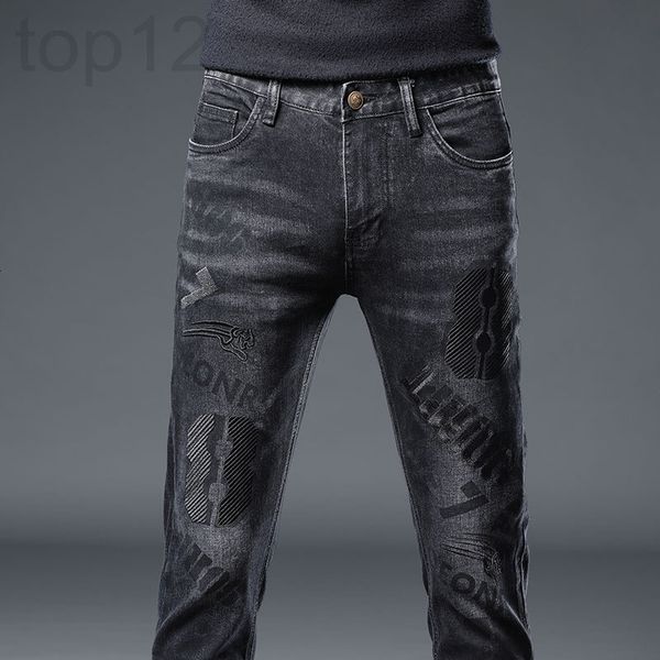 

men's jeans designer fashion brand embroidered jeans men's autumn black trousers temperament slim small feet show thin korean fash, Blue