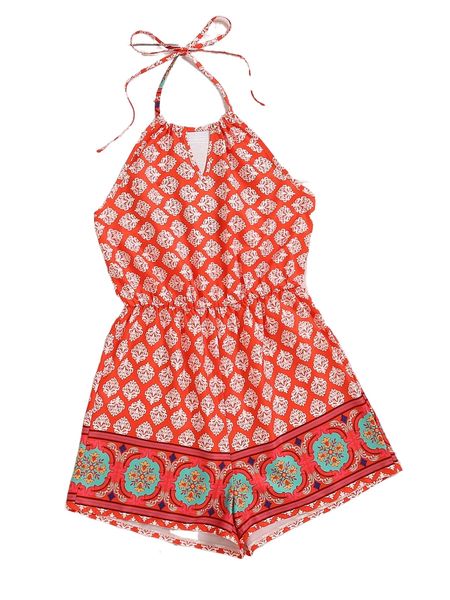 

damask print tie back halter romper f6l2#, Black;white