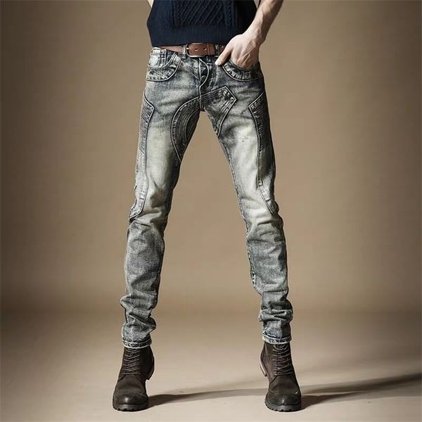 

mens male retro jeans straight metal rust hip hop stitching punk old motorcycle denim trousers pants 201111, Blue