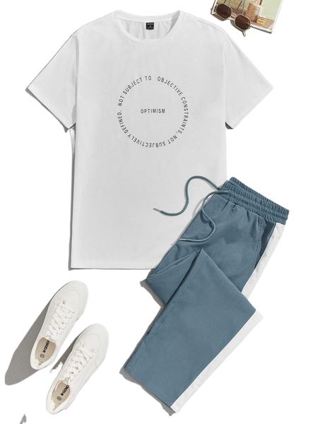 

men slogan graphic & contrast sideseam pants set u2iw#, Gray