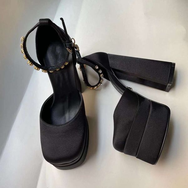 

2022 designer platform pumps chunky heel platform sandals high heels lace up bow tie gladiator ladies thick leather silk rhinestone shoes no, Black