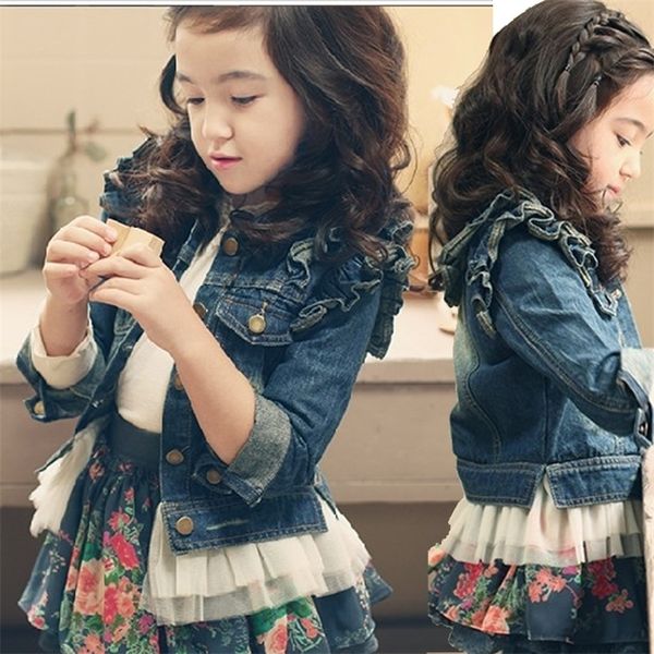 

girls outerwear baby girl clothes fall winter fashion lace hem toddler kids denim jacket long sleeve ruffle girl jean coat lj201130, Blue;gray